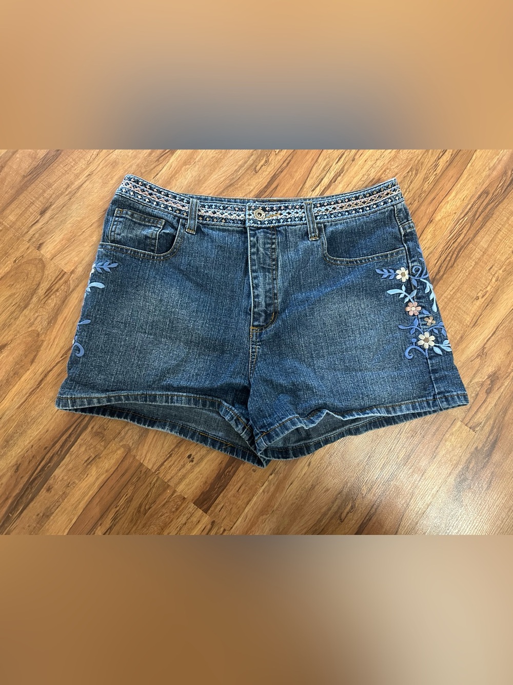 Vintage Route 66 Floral Embroidered Low Rise Denim Shorts Women’s Size 12